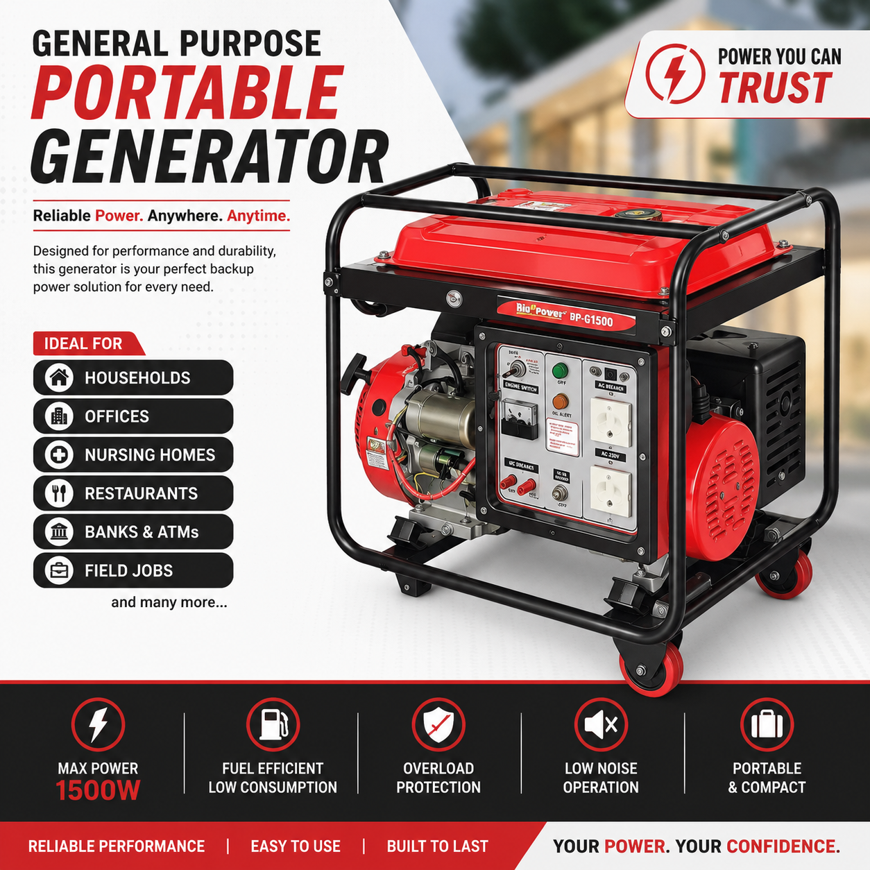 5.5 KVA Portable Petrol Generator, Model HP-6500, Recoil & Self Start